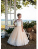 Ivory Lace Champagne Tulle Keyhole Back Wedding Flower Girl Dress